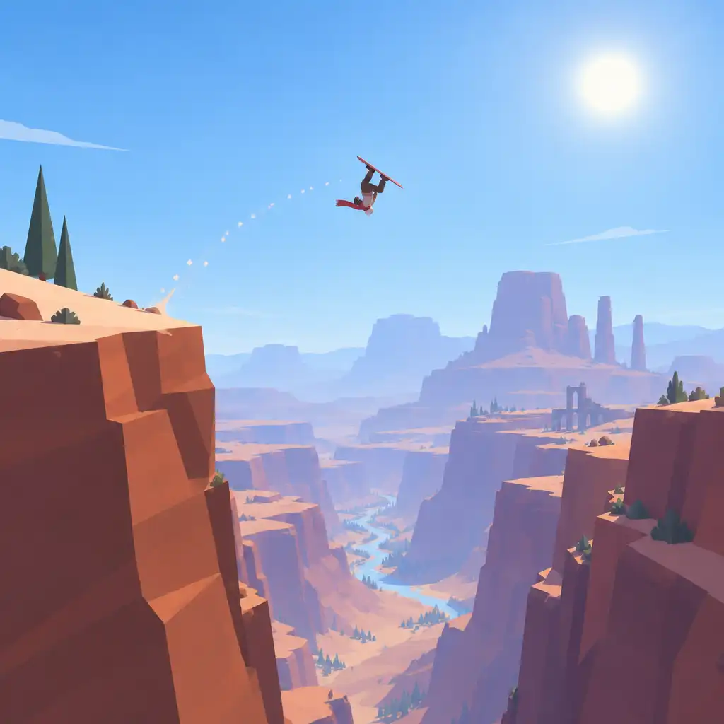 Alto wykonuje backflipa nad pustynnym kanionem w grze Alto's Odyssey