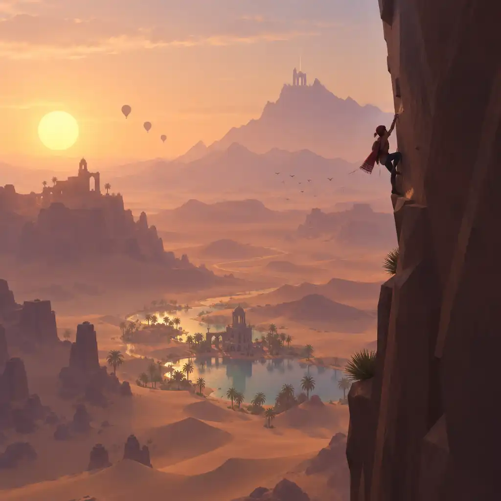 Alto wspina się po pionowej skalnej ścianie, poniżej pustynna dolina w grze Alto's Odyssey