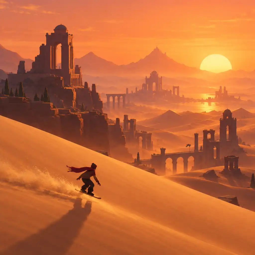 Panoramiczny widok pustynnych wydm z gry Alto's Odyssey, z postacią na desce o zachodzie słońca