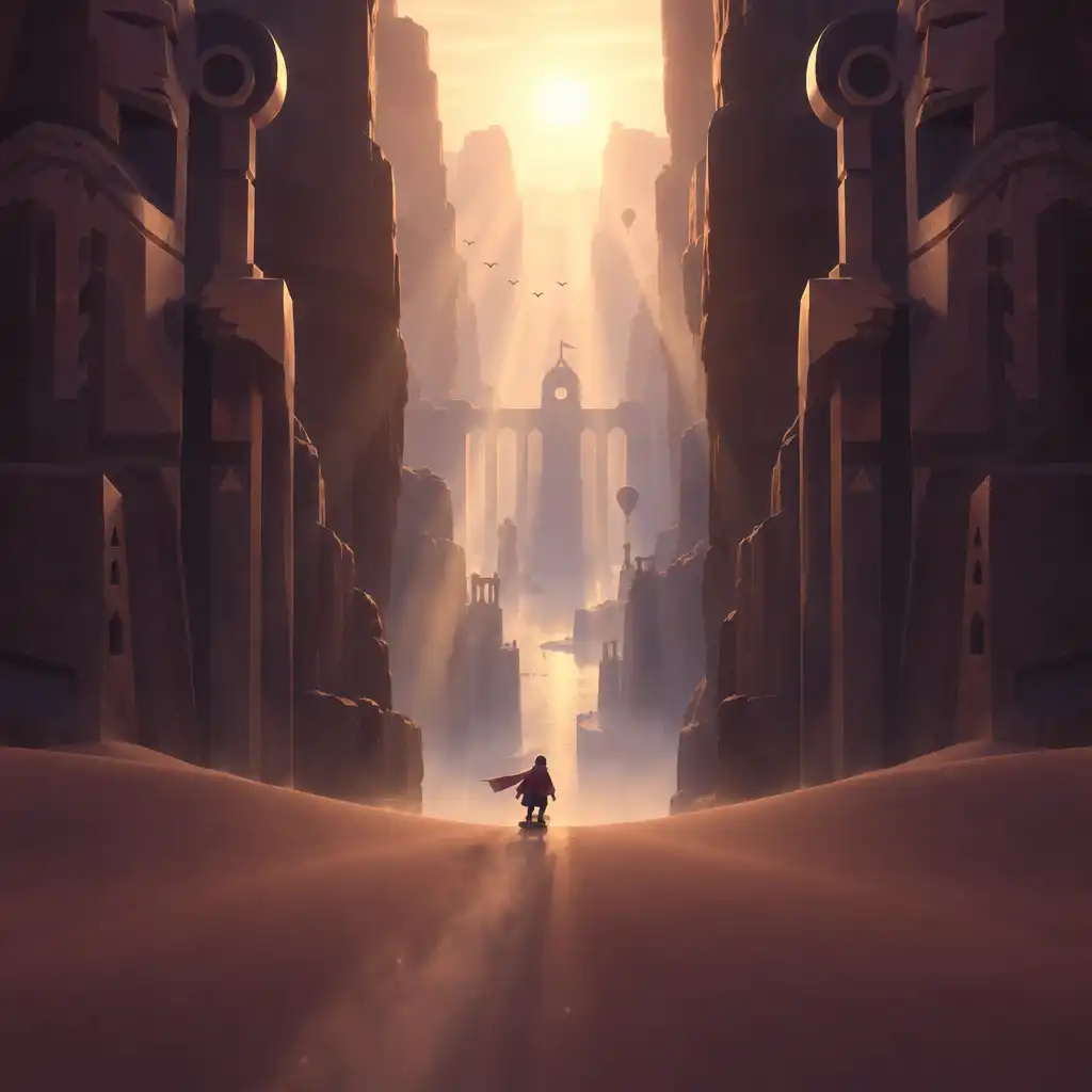 Alto jedzie przez wąski kanion z rzeźbionymi posągami w grze Alto's Odyssey