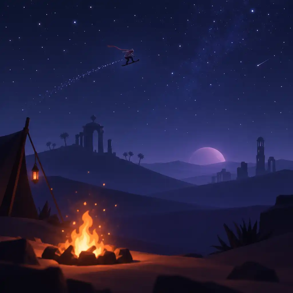 Alto wykonuje trik w nocy pod rozgwieżdżonym niebem w grze Alto's Odyssey