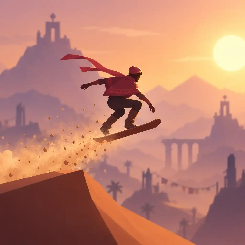 Alto's Odyssey – postać wykonująca skok z rampy na tle gór, dynamiczna poza i unoszący się piasek