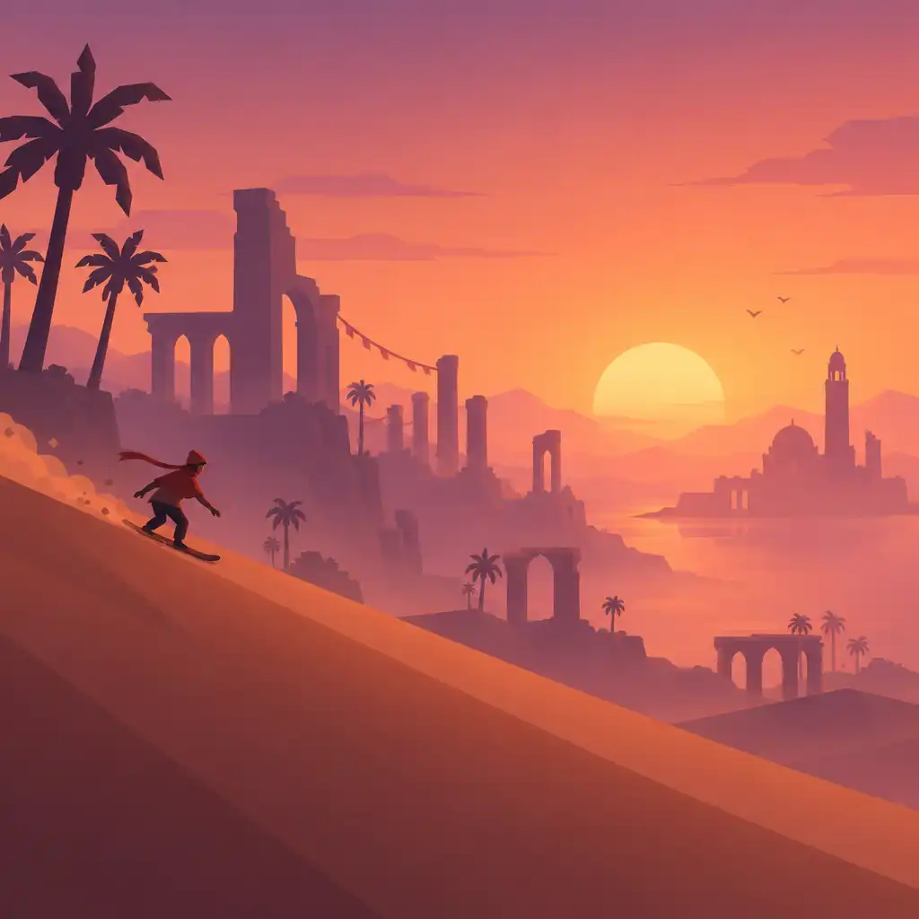 Alto's Odyssey – szeroka scena zjazdu po wydmach, w tle starożytne ruiny i palmy o zachodzie słońca